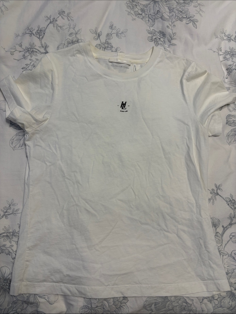 Helmut Lang White Short Sleeve Tee with Small Black Logo